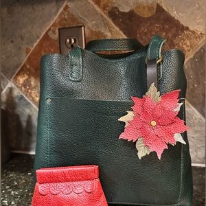 Red Poinsettia Leather Charm, Flair, Keychain